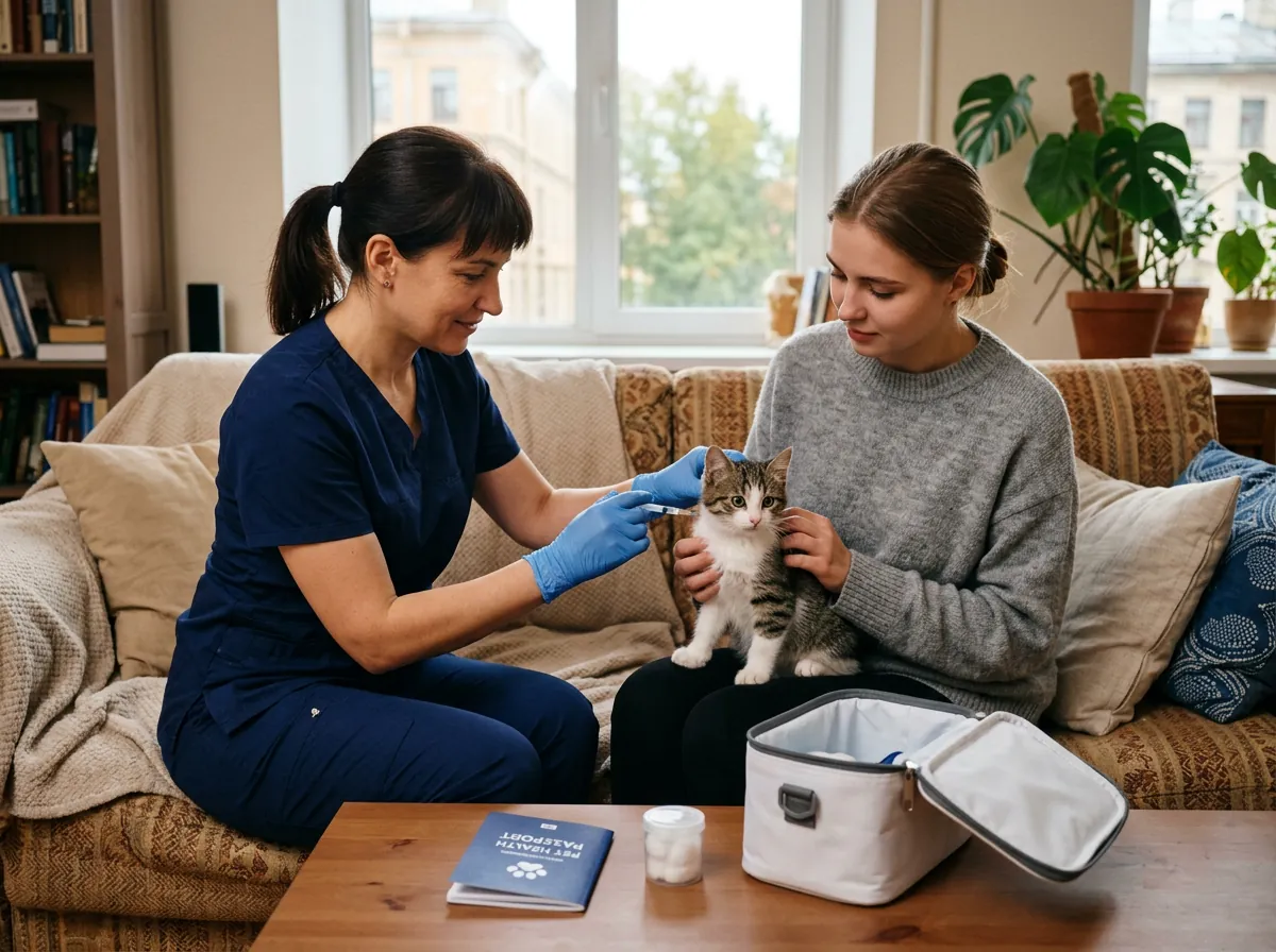 Ветеринарный врач делает прививку котёнку дома, котёнок сидит на коленях у хозяйки