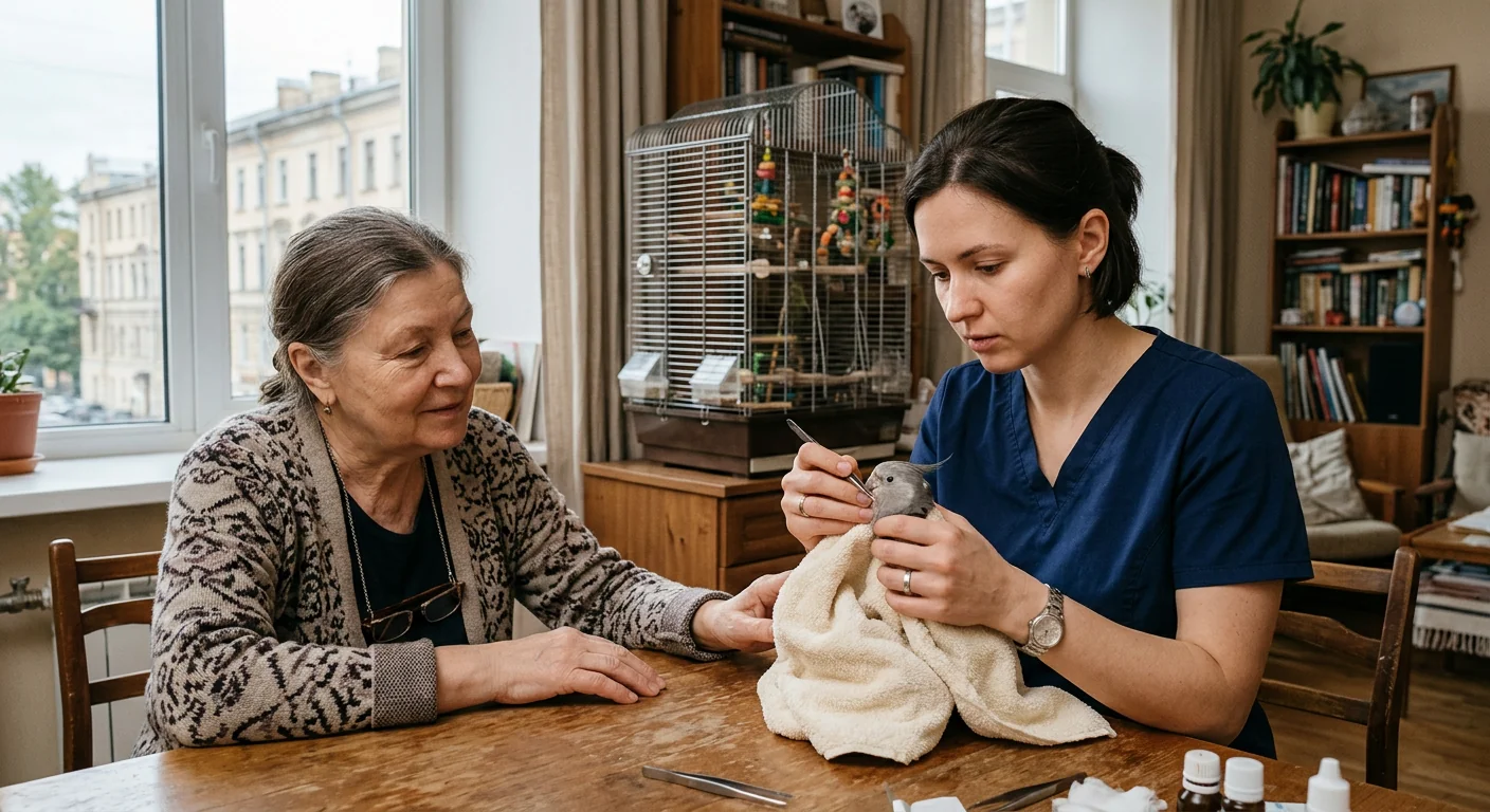 Ветеринар-орнитолог осматривает попугая корелла дома